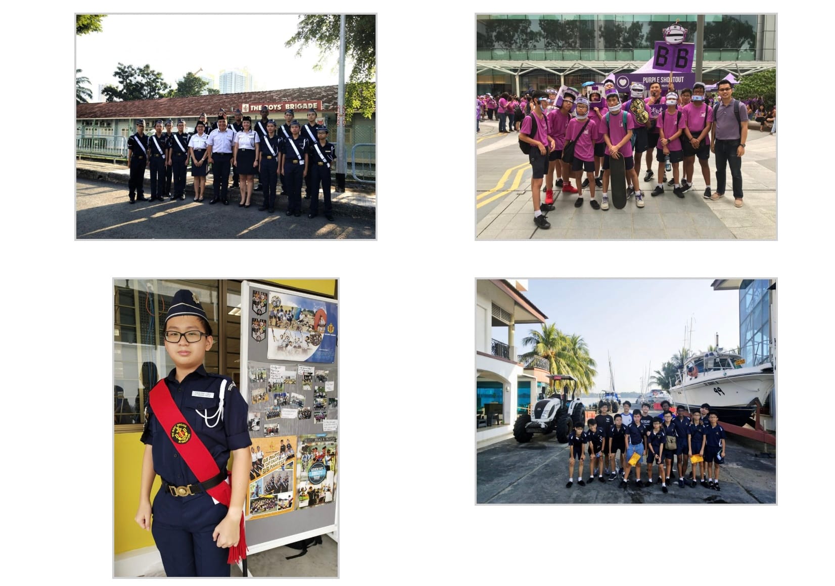 Four photos of youth in uniforms: group at Boys Brigade, purple event crowd, uniformed boy, and students at a marina.